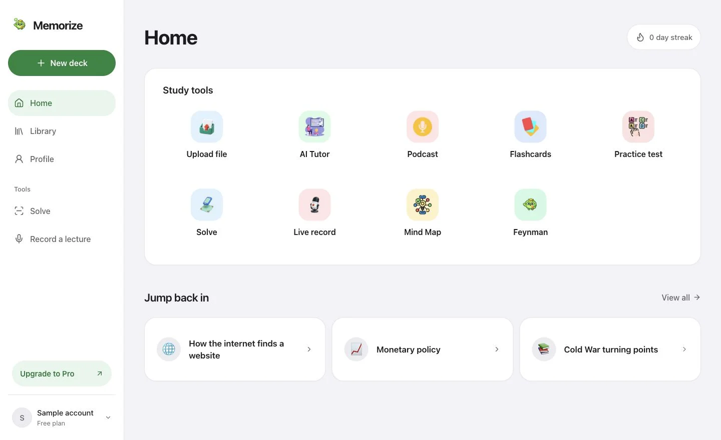 Memorize Home with nine study tools and recent decks, using example material